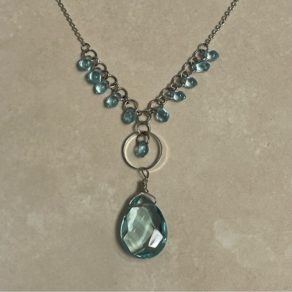 Express Aqua Blue Teardrop Pendant Necklace Silver Tone By Express - Picture 1 of 8